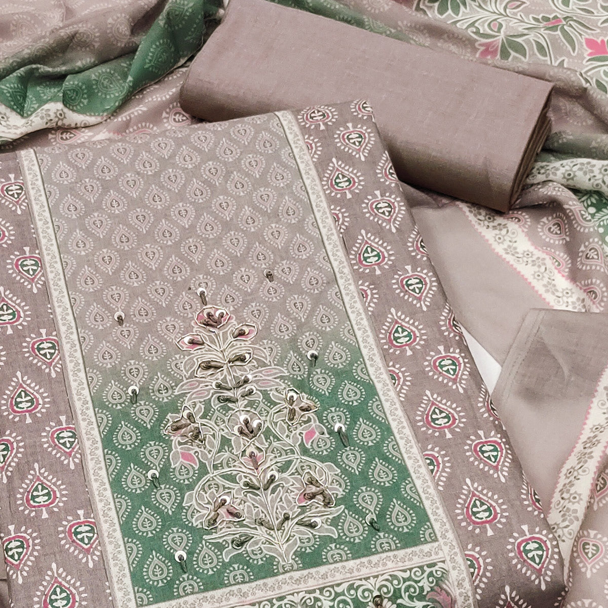 Taupe Pure Cotton Dress Material Accented With Sparkling Sequin Embroidery Work