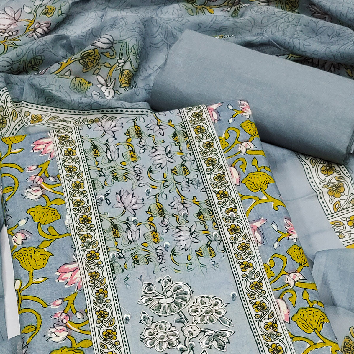 Grey Pure Cotton Dress Material Adorned with Artistic Floral Patterns