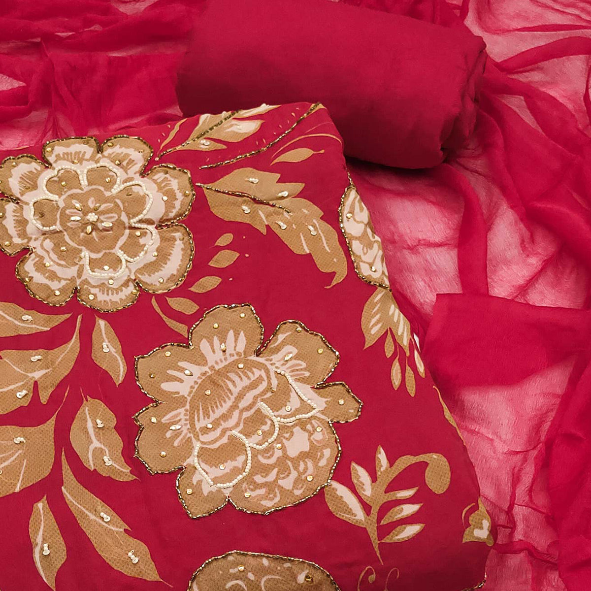 Cherry Red Floral Moti Hand Embroidered Muslin Dress Material