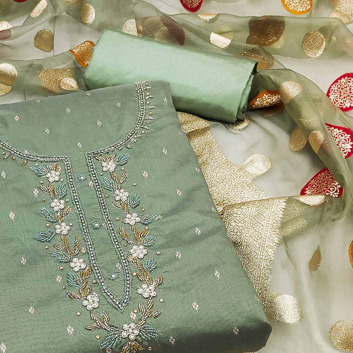 Green Hand Embroidered Chanderi Dress Material