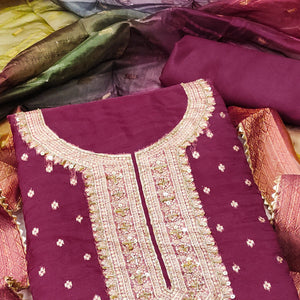 Wine Butti Design Woven Organza Dress Material