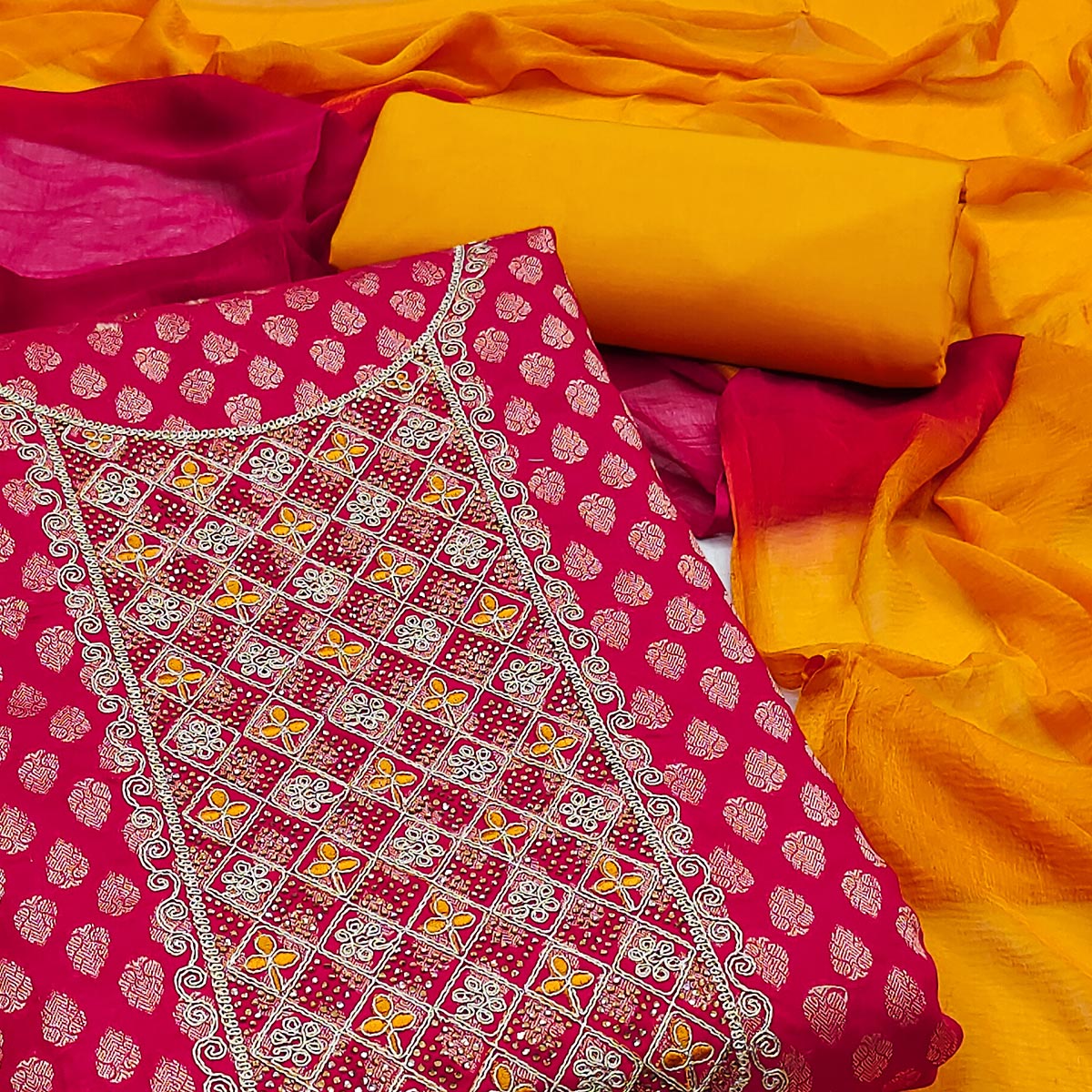 Pink Butti Design Woven Jacquard Dress Material