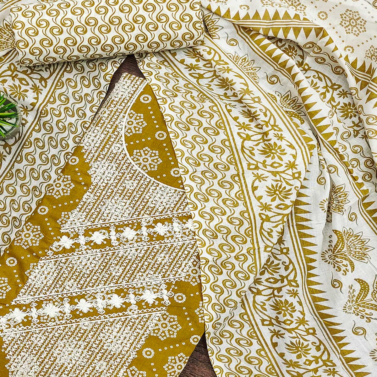 Mustard Printed With Embroidered Pure Cotton Dress Material