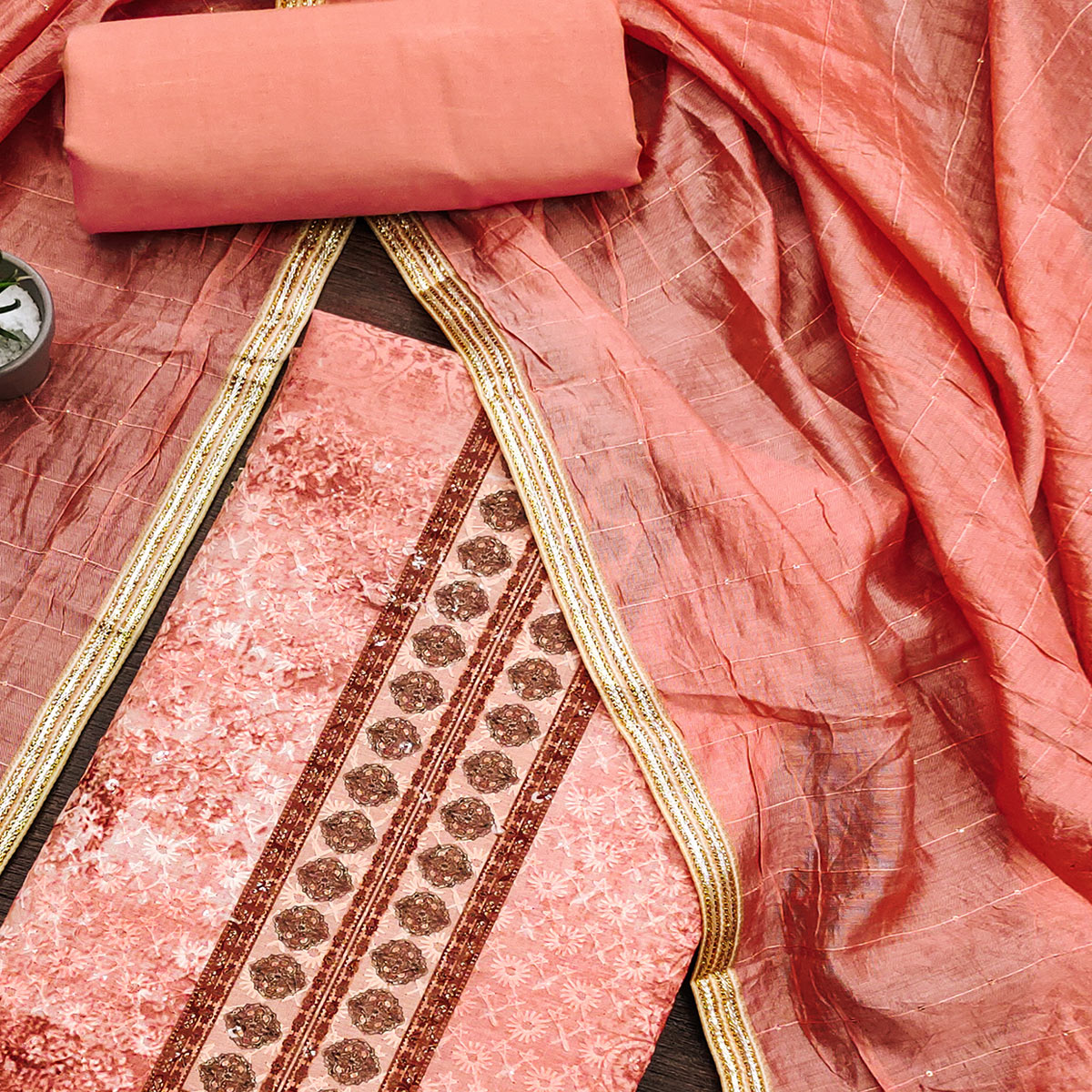 Peach Chikankari With Printed Pure Cotton Dress Material