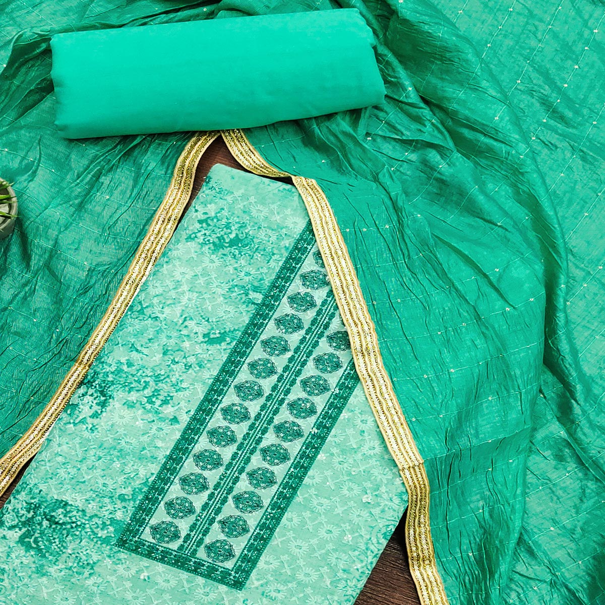 Turquoise Chikankari With Printed Pure Cotton Dress Material