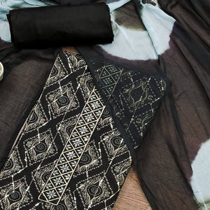 Black Printed With Sequins Work Pure Cotton Dress Material
