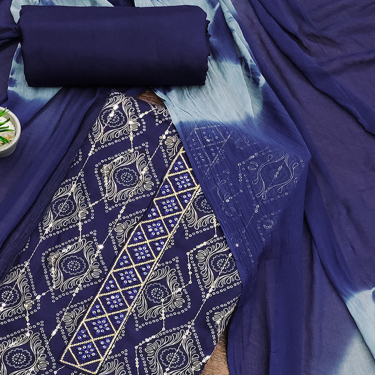 Blue Printed With Sequins Work Pure Cotton Dress Material