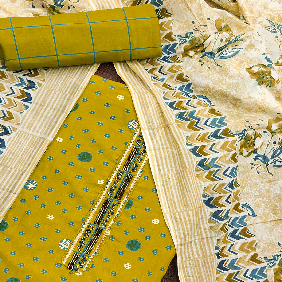 Lemon Green Printed Pure Cotton Dress Material