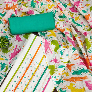 White & Green Printed With Motiwork Pure Cotton Dress Material