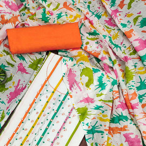 White & Orange Printed With Motiwork Pure Cotton Dress Material