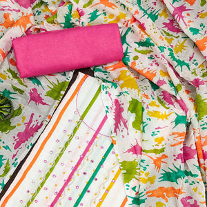 White & Pink Printed With Motiwork Pure Cotton Dress Material
