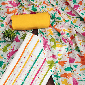 White & Yellow Printed With Motiwork Pure Cotton Dress Material
