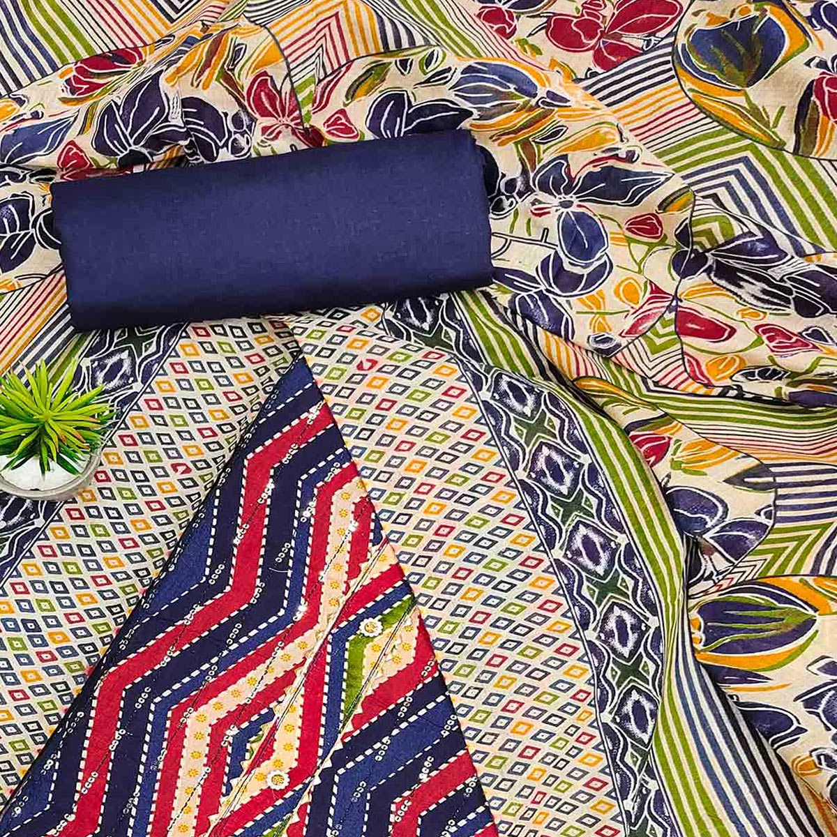 Navy Blue Printed With Sequins Work Pure Cotton Dress Material