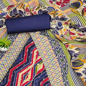 Navy Blue Printed With Sequins Work Pure Cotton Dress Material