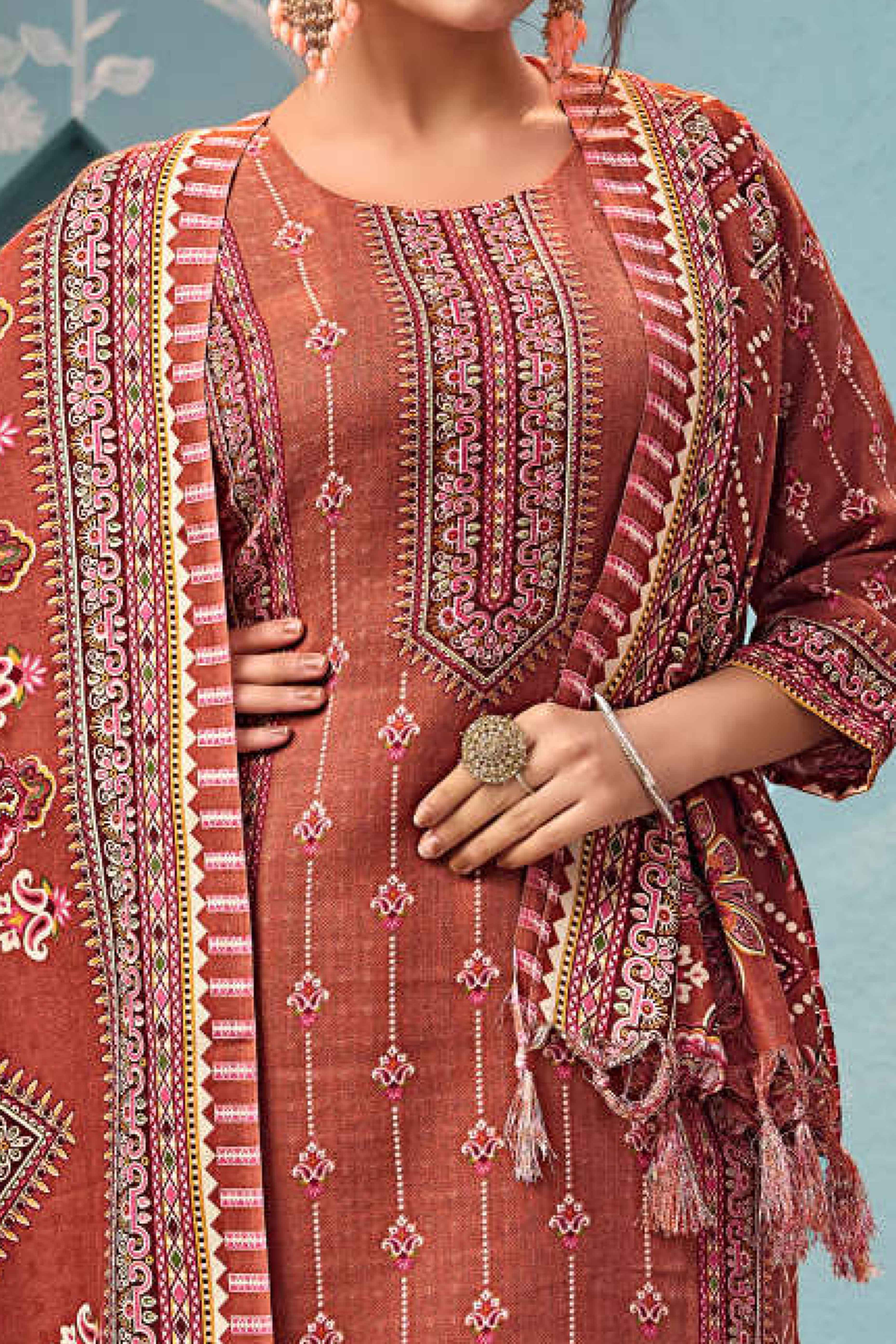Rust Floral Print Pashmina Fabric Set Designed for Warm and Stylish Ethnic Wear