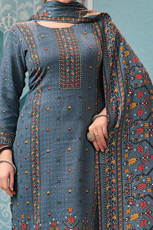 Blue Floral Print Pashmina Fabric Set Designed for Warm and Stylish Ethnic Wear