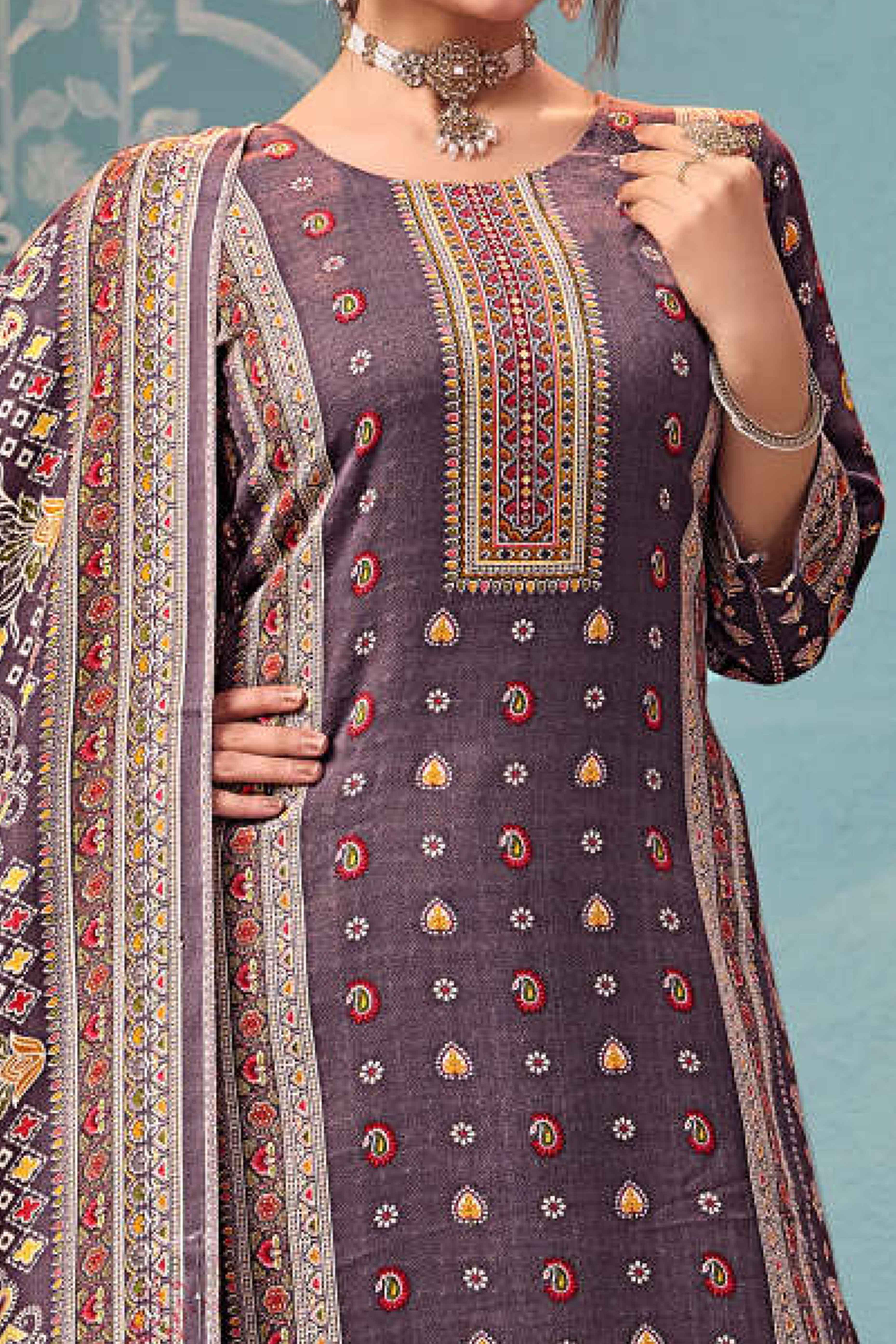 Wine Floral Print Pashmina Fabric Set Designed for Warm and Stylish Ethnic Wear