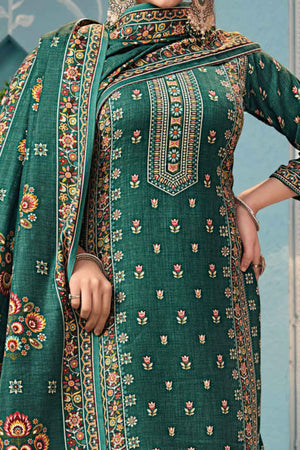Green Floral Print Pashmina Fabric Set Designed for Warm and Stylish Ethnic Wear