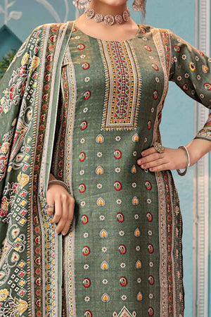 Sage Green Floral Print Pashmina Fabric Set Designed for Warm and Stylish Ethnic Wear