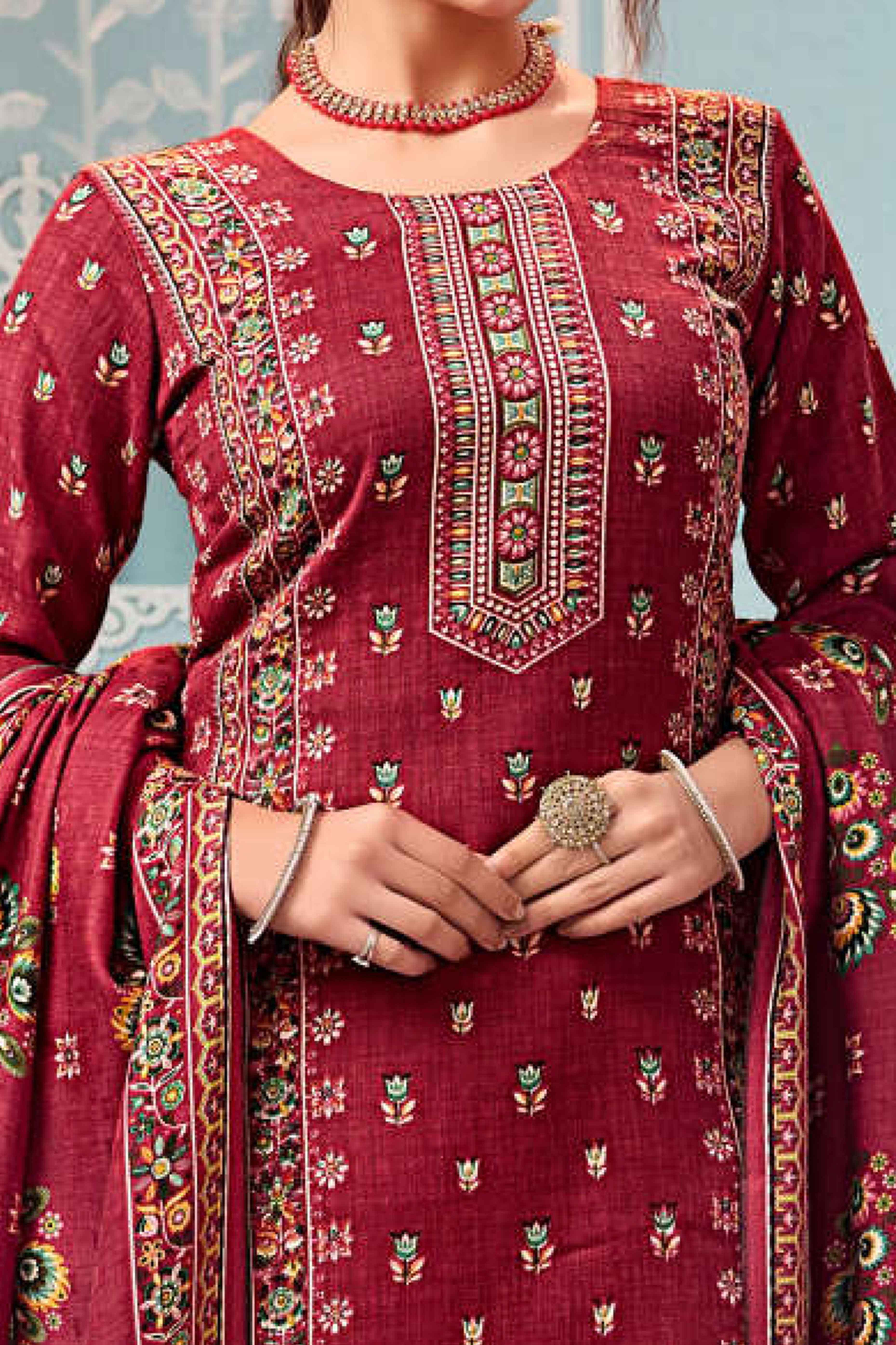 Maroon Floral Print Pashmina Fabric Set Designed for Warm and Stylish Ethnic Wear