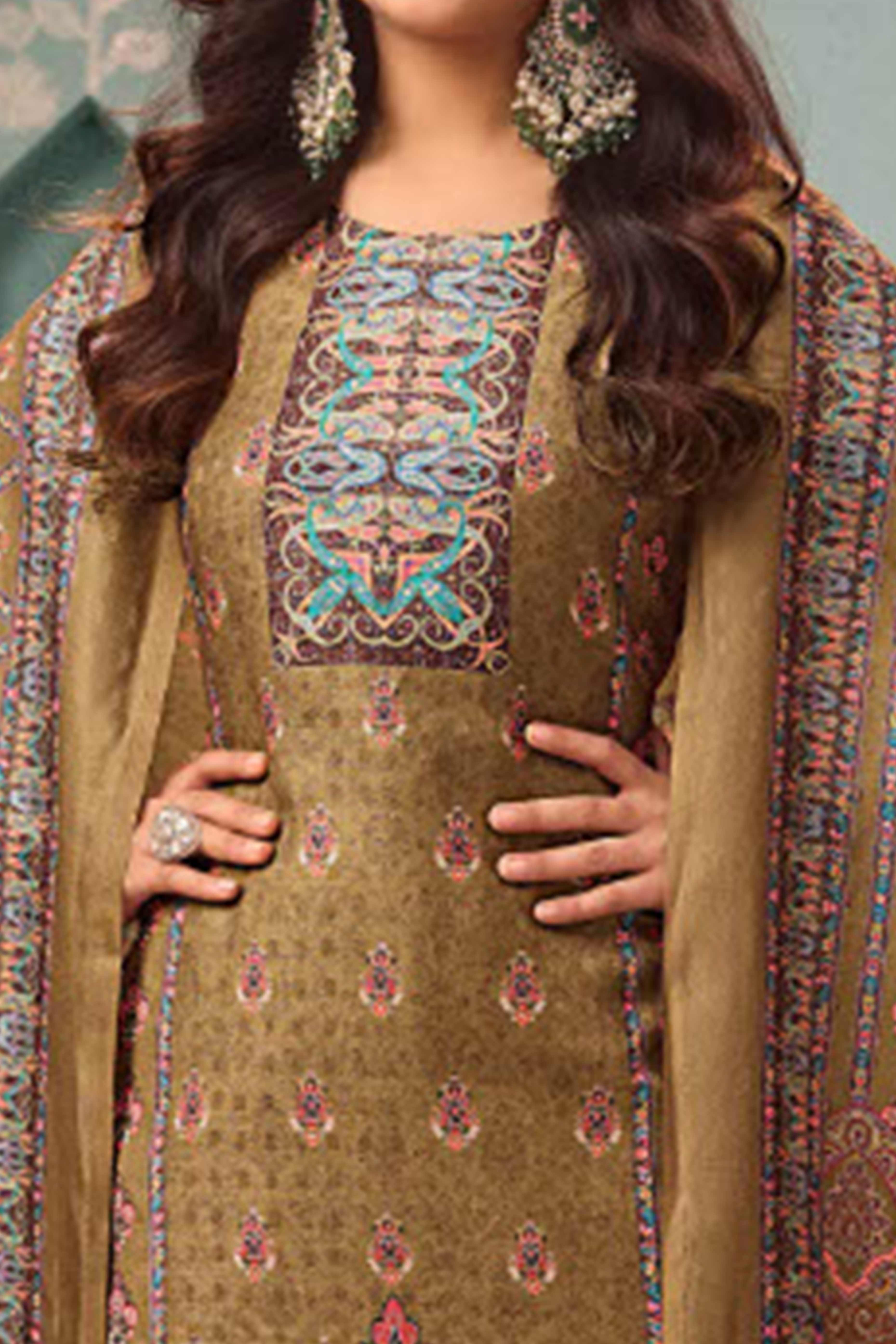 Olive Stylish Floral Printed Pashmina Dress Material for Graceful Winter Outfits