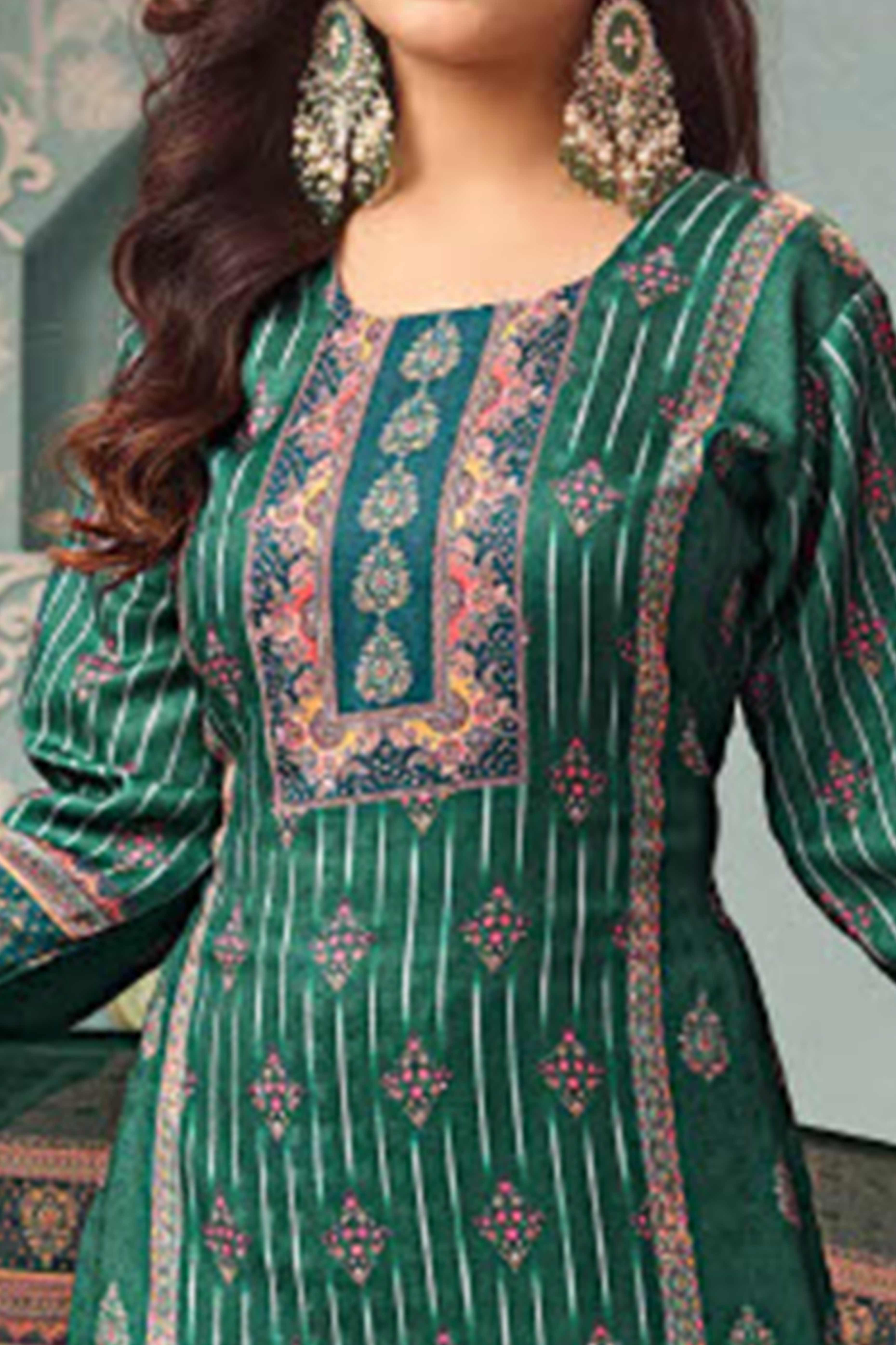 Green Stylish Floral Printed Pashmina Dress Material for Graceful Winter Outfits