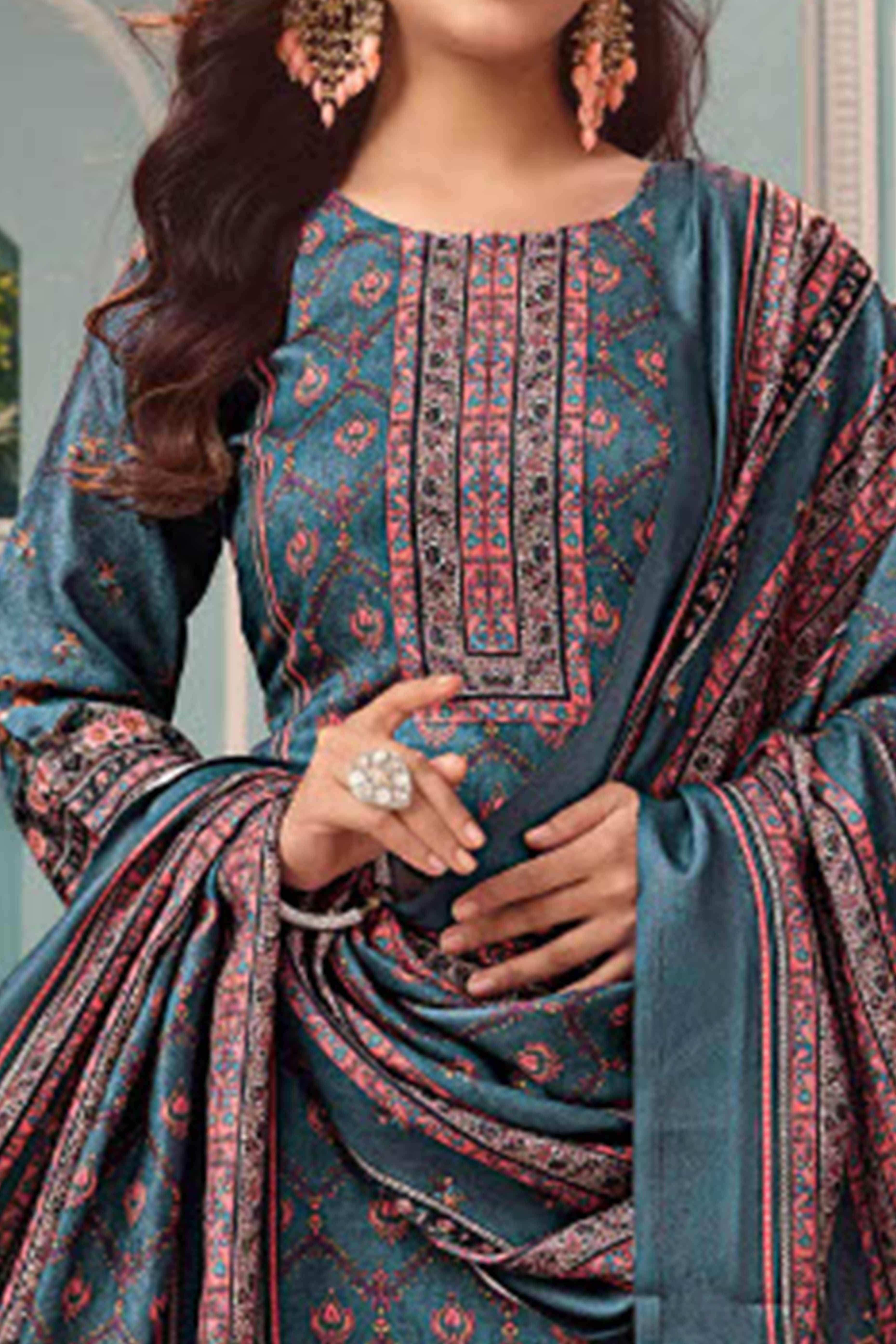 Teal Stylish Floral Printed Pashmina Dress Material for Graceful Winter Outfits