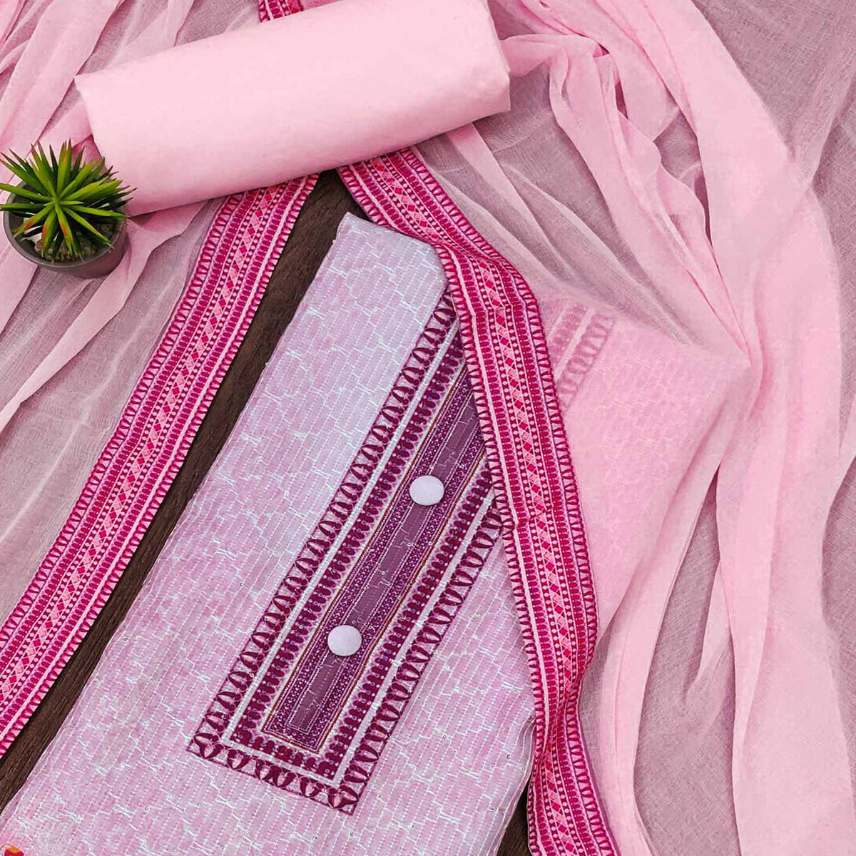 Pink Floral Printed Cotton Silk Dress Material