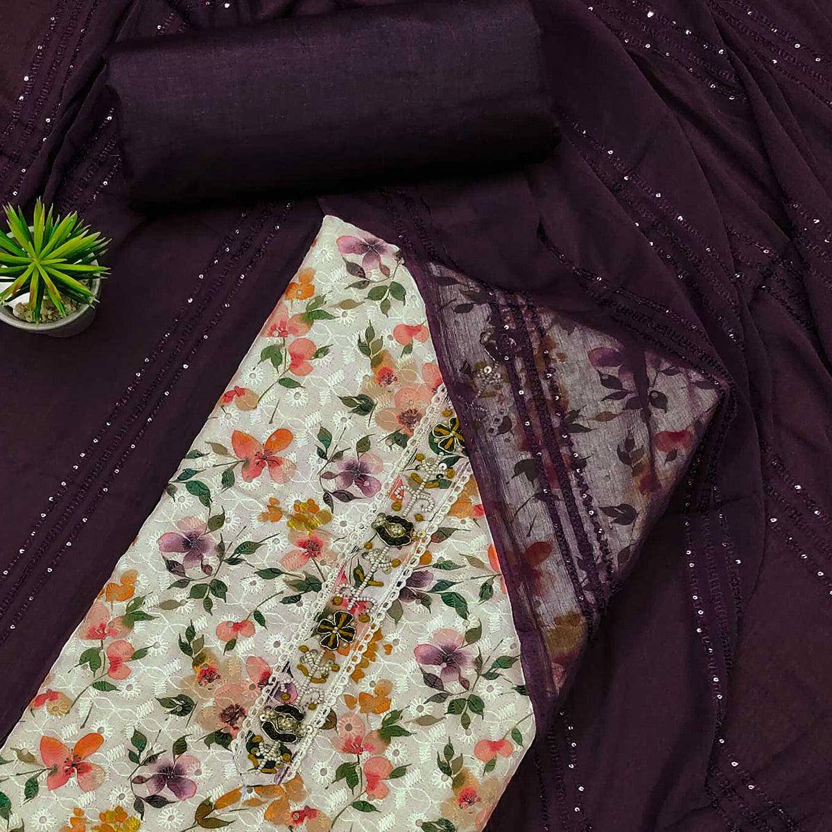 White & Wine Printed With Embroidered Pure Cotton Dress Material