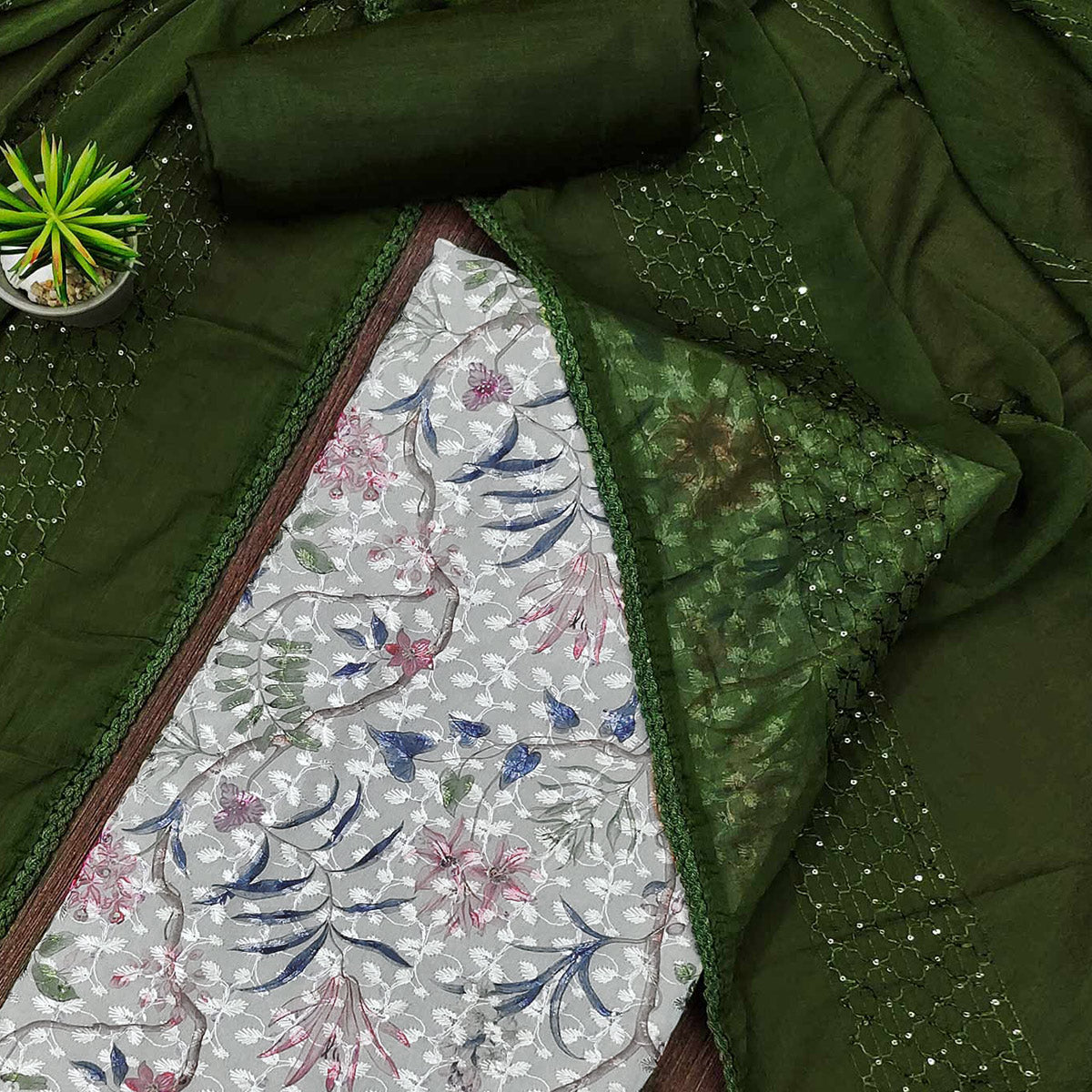 Grey Printed With Embroidered Georgette Dress Material