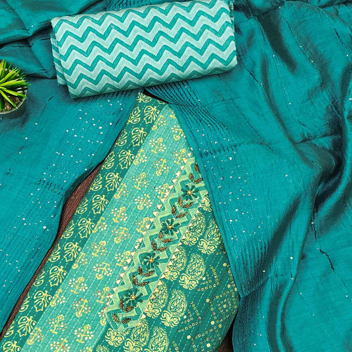 Turquoise Foil Printed Cotton Silk Dress Material