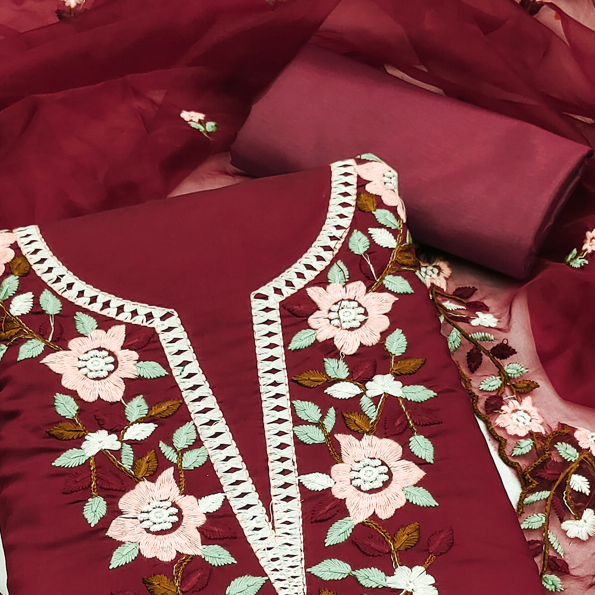 Maroon Floral Embroidered Roman Cotton Silk Dress Material