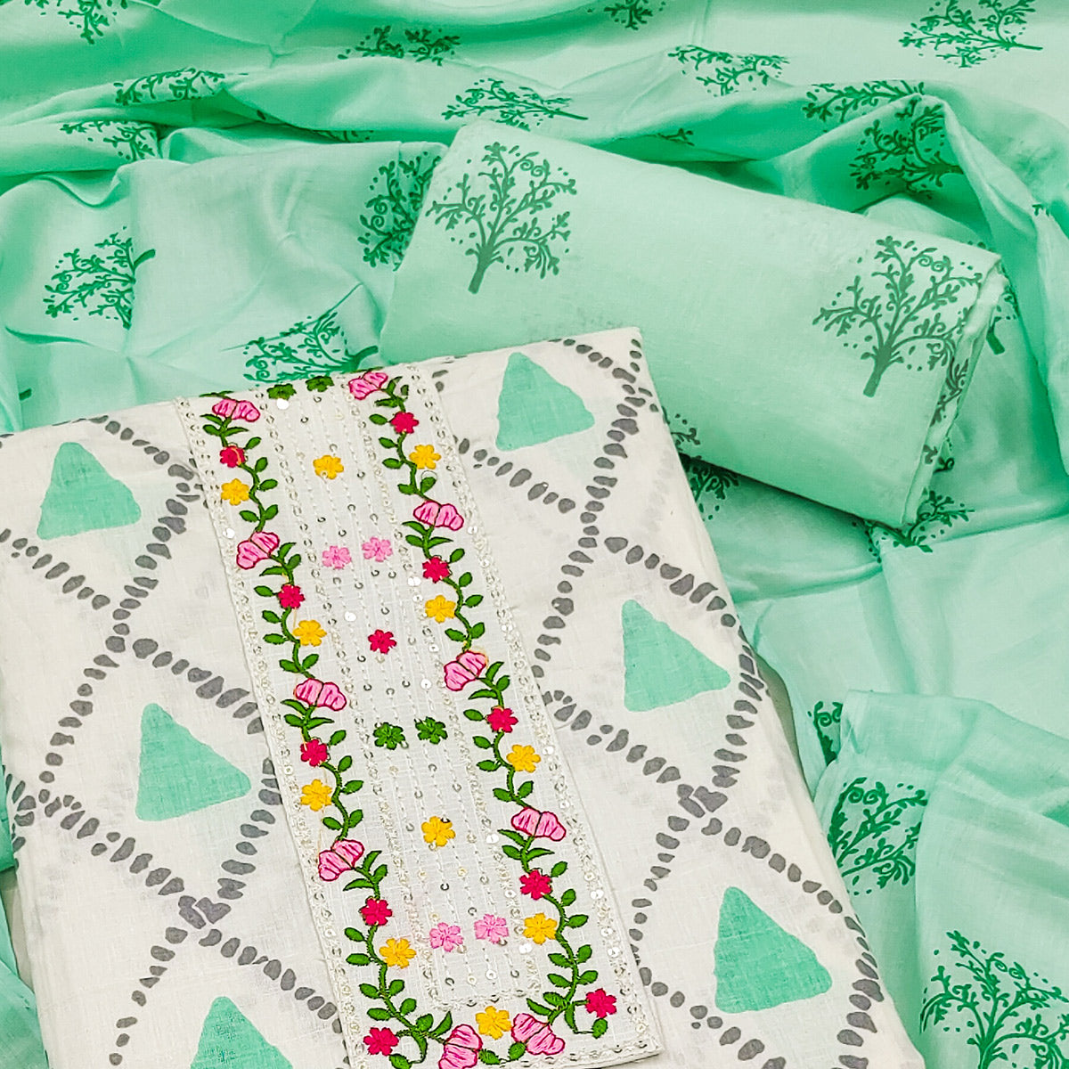 White & Green Printed Pure Cotton Dress Material