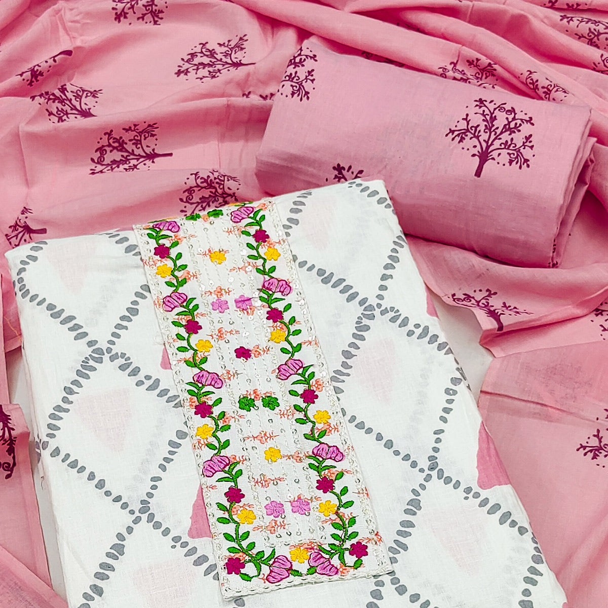 White & Pink Printed Pure Cotton Dress Material