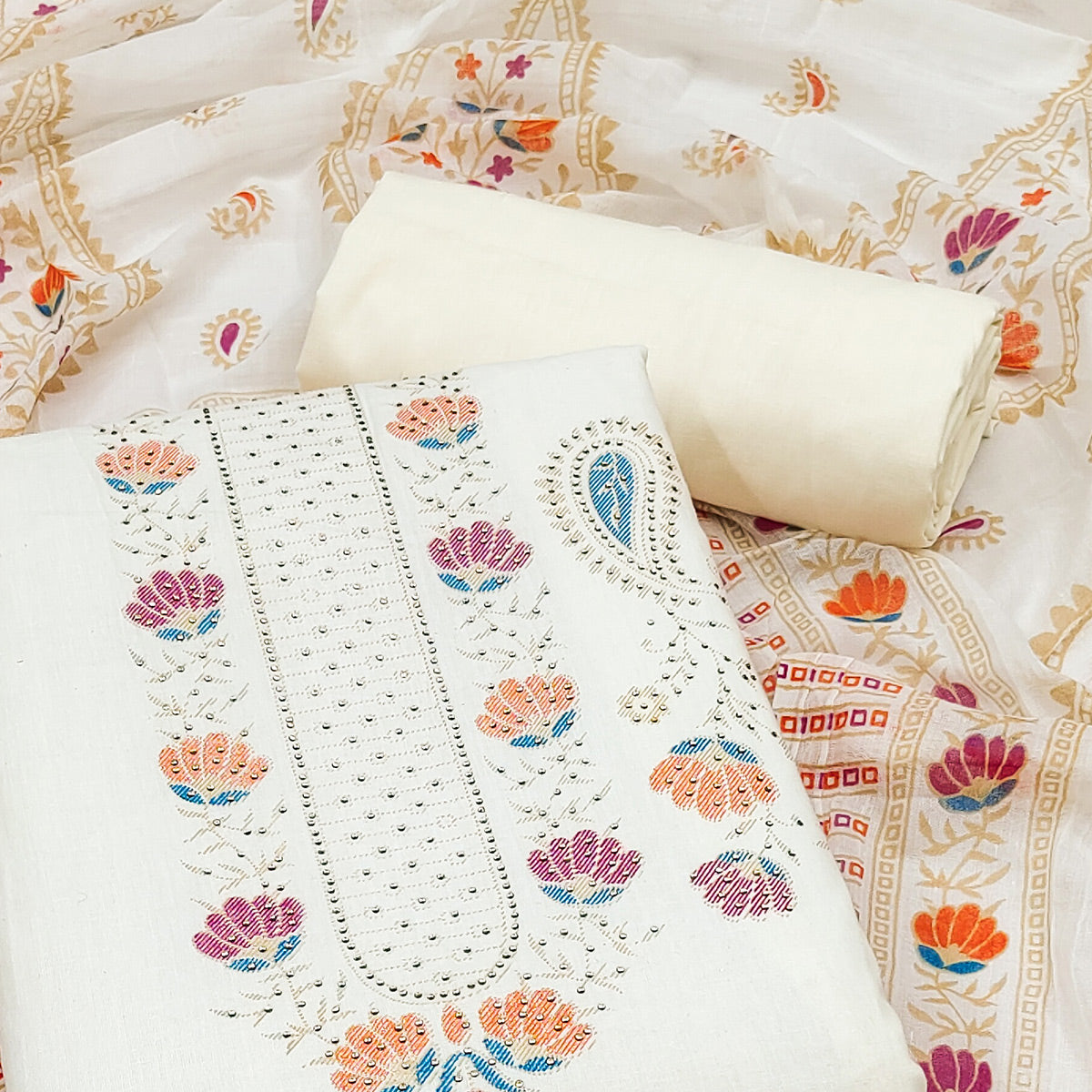 Off White Woven Pure Cotton Dress Material