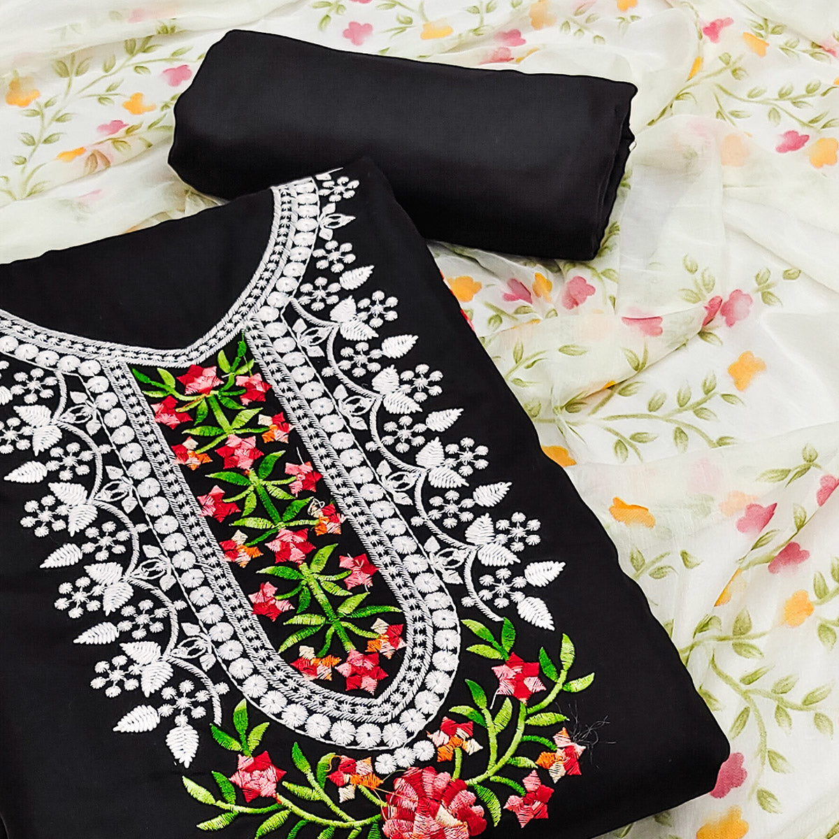 Black Floral Embroidered Pure Cotton Dress Material