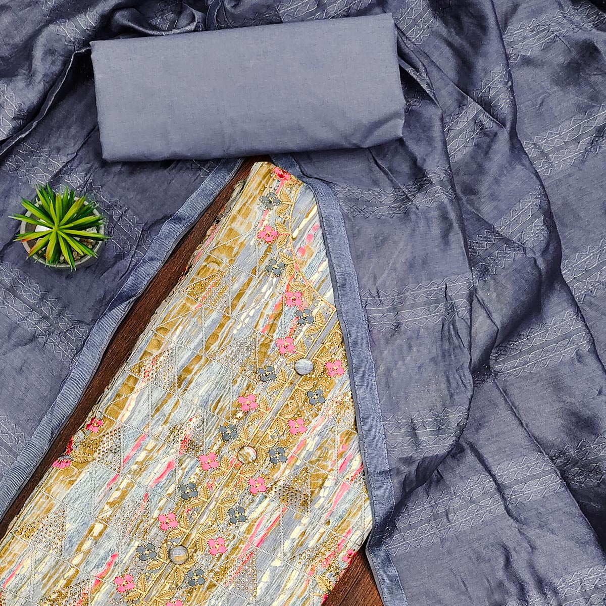 Grey Printed With Embroidered Pure Cotton Dress Material