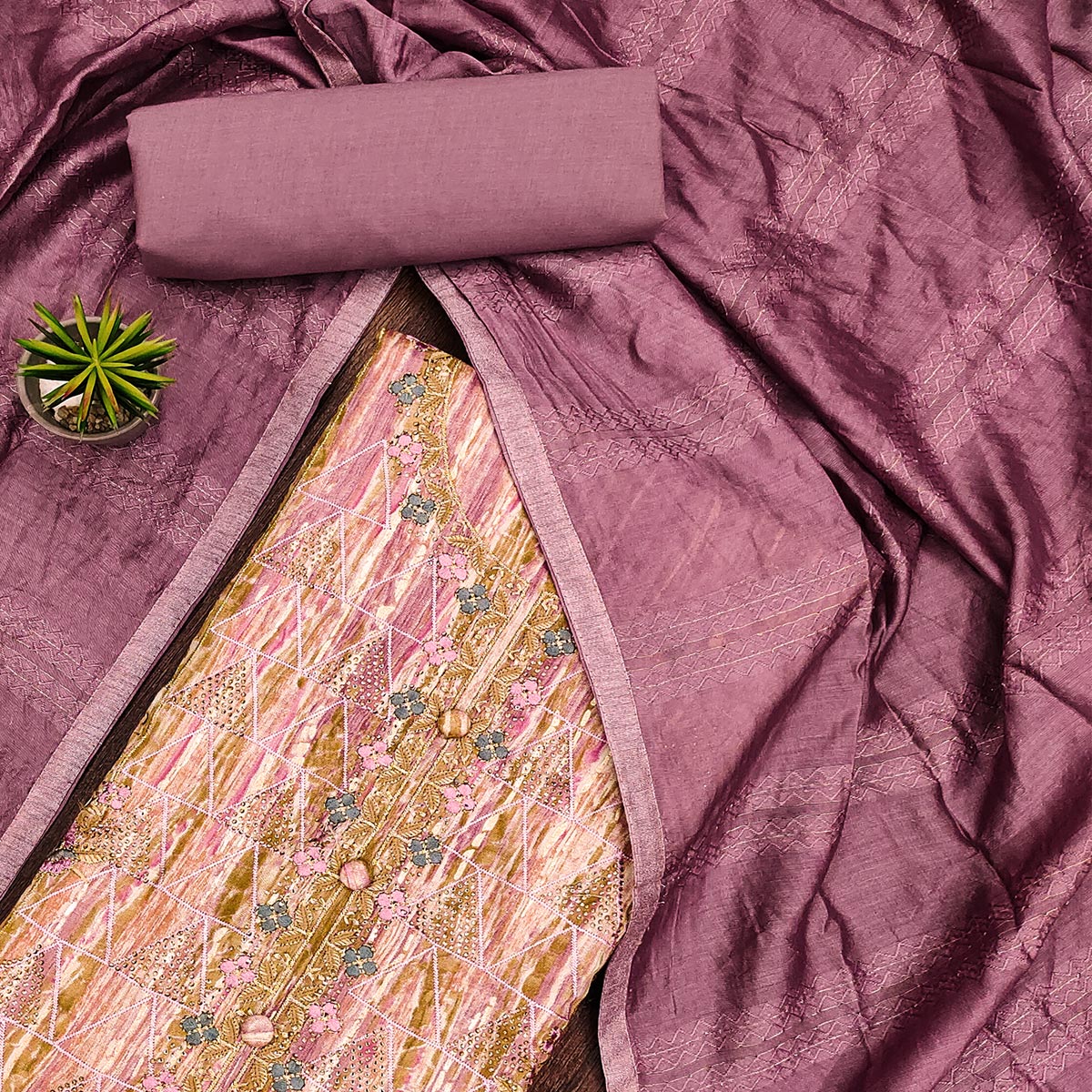 Pink Printed With Embroidered Pure Cotton Dress Material