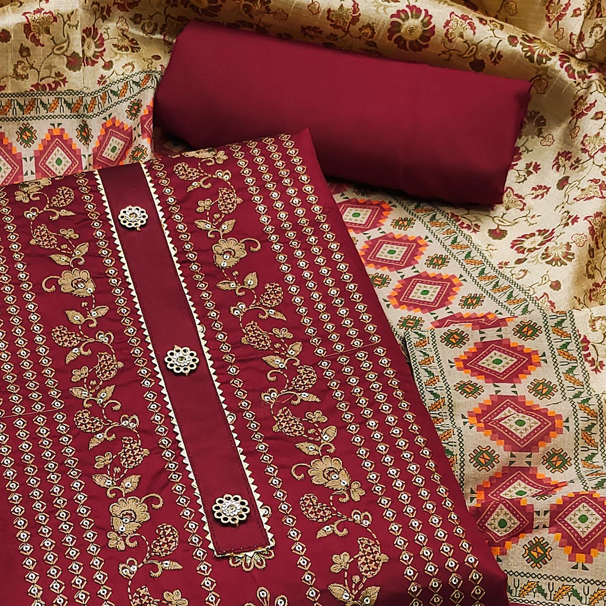 Maroon Floral Embroidered Cotton Silk Dress Material