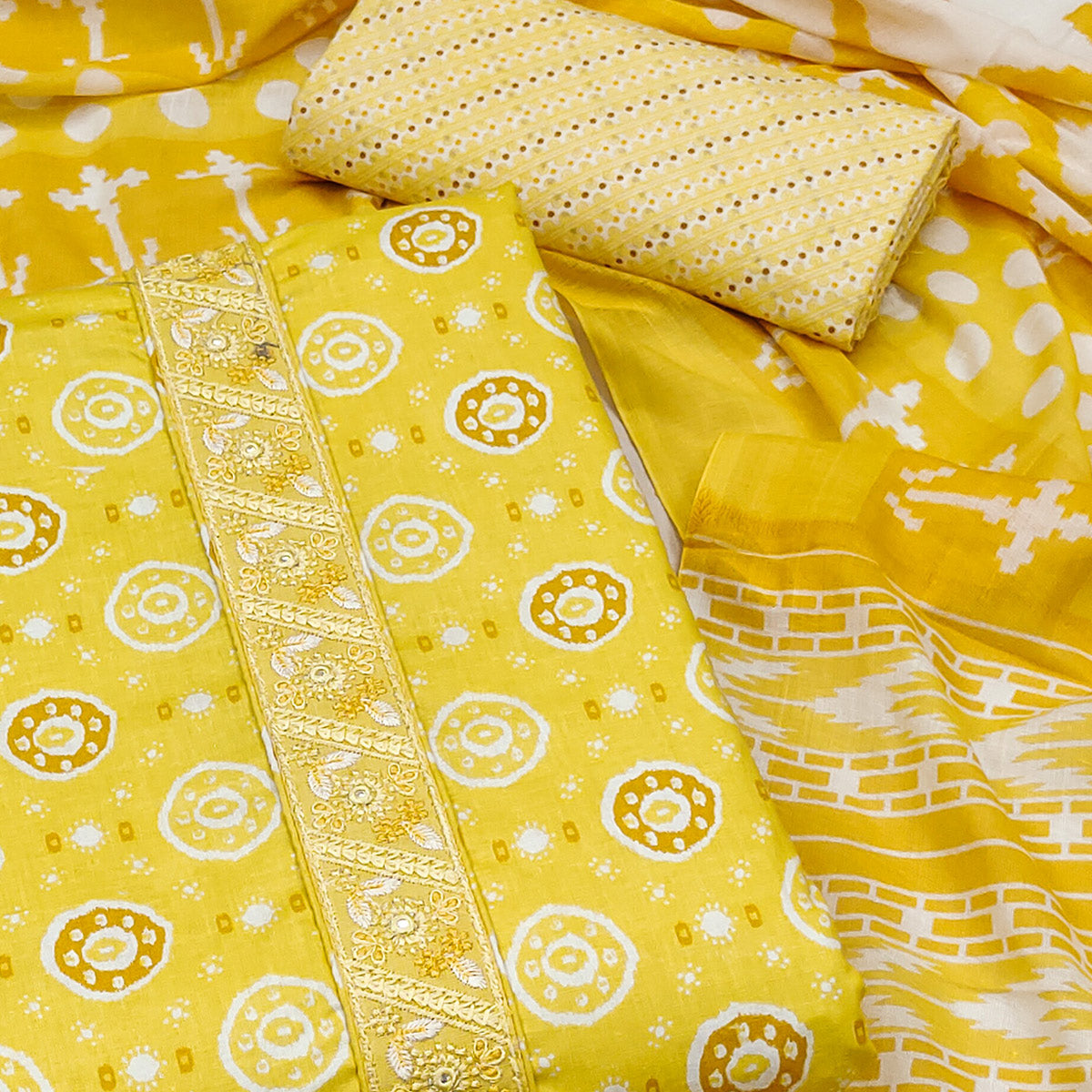 Yellow Printed Pure Cotton Dress Material