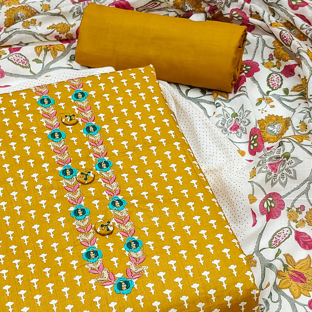 Mustard Floral Printed Pure Cotton Dress Material