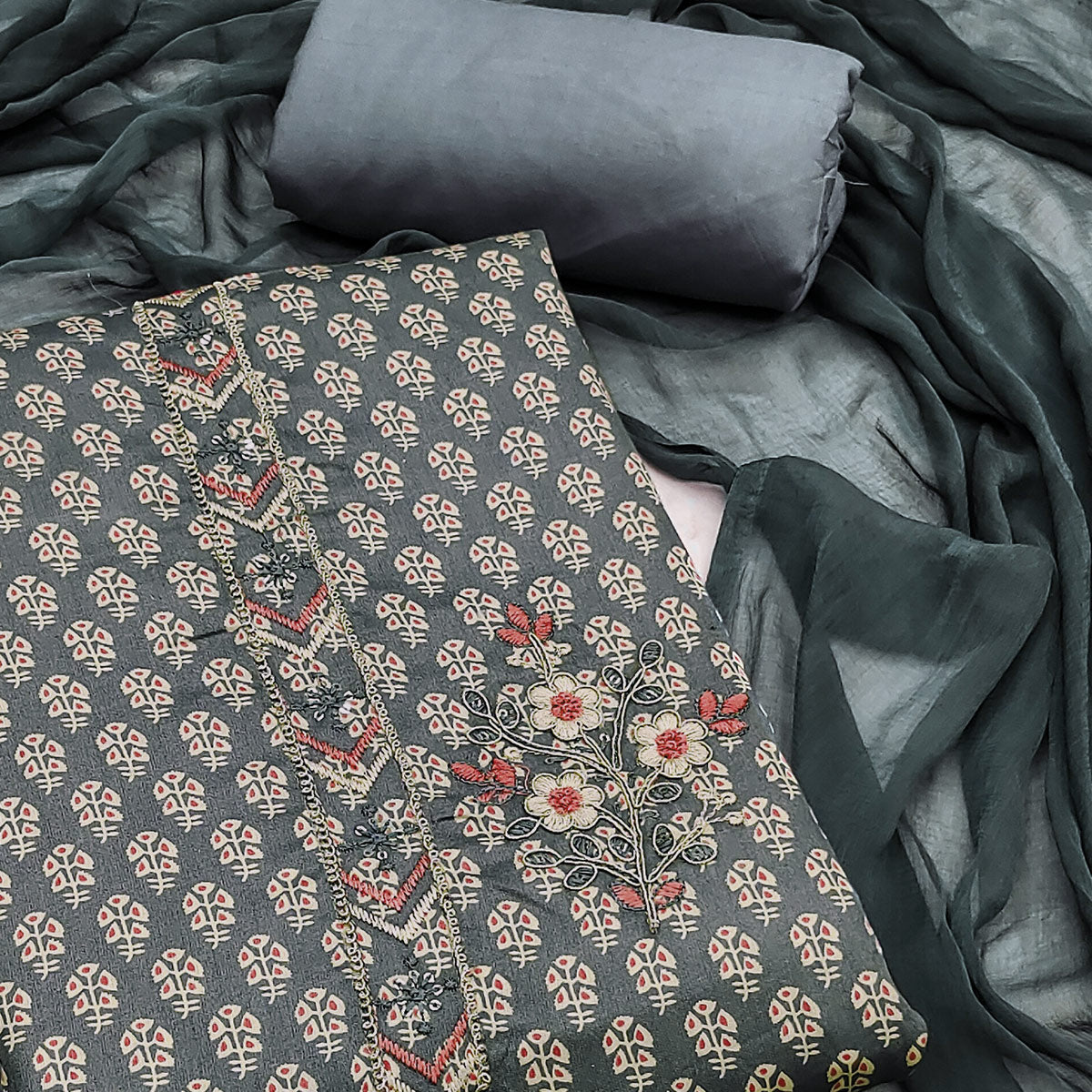 Grey Floral Printed With Embroidery Cotton Dress Material