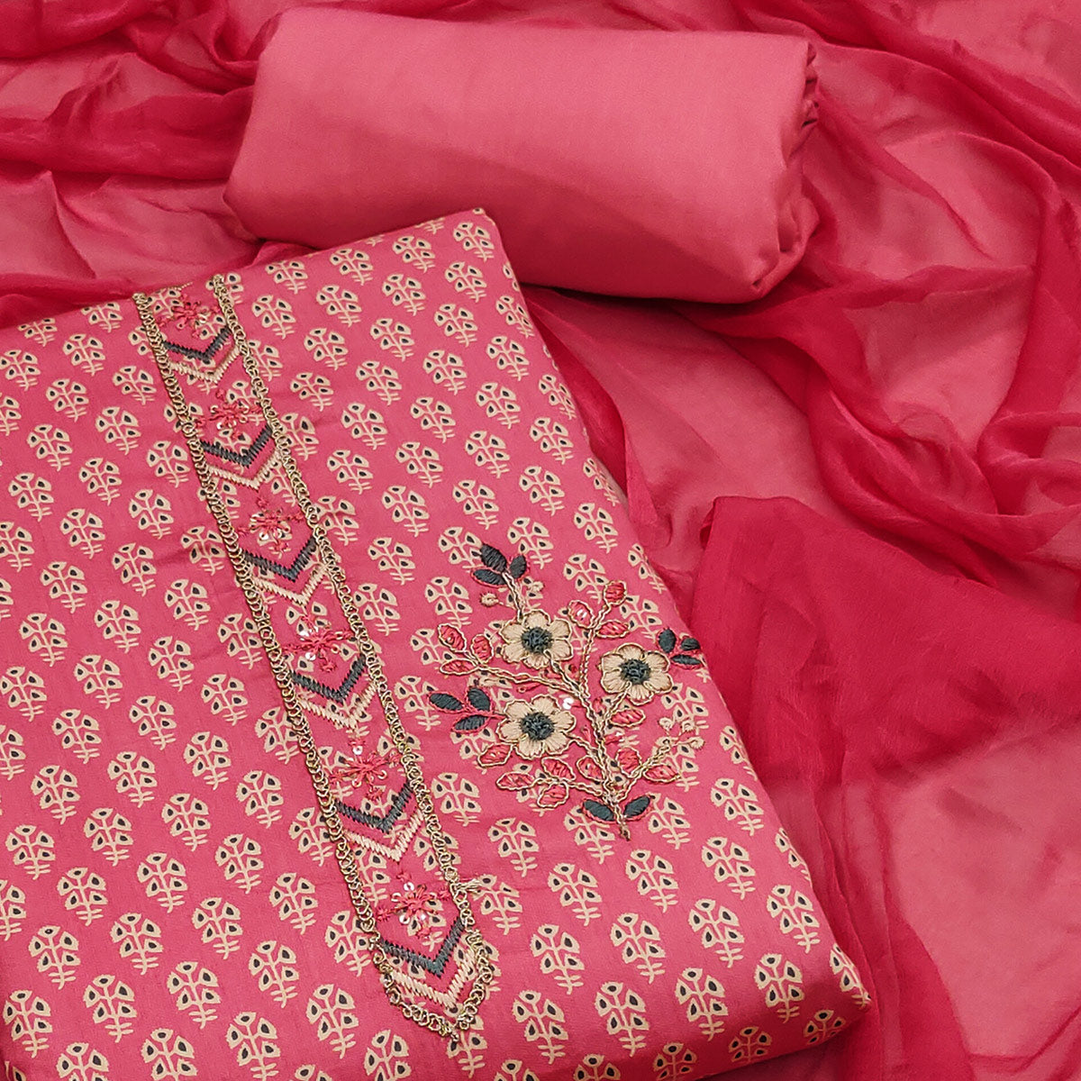 Pink Floral Printed With Embroidery Cotton Dress Material