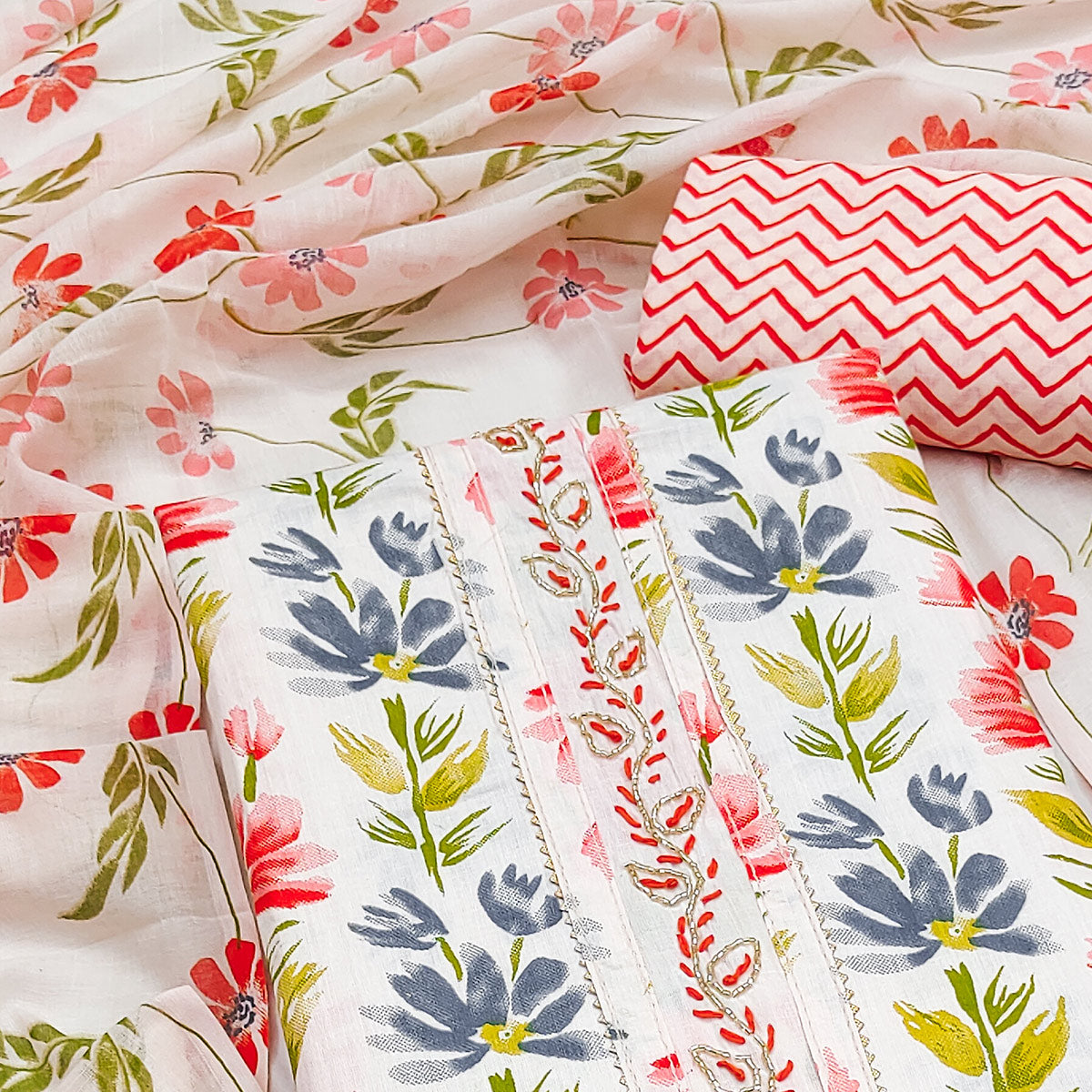 Red Floral Printed With Handwork Pure Cotton Dress Material