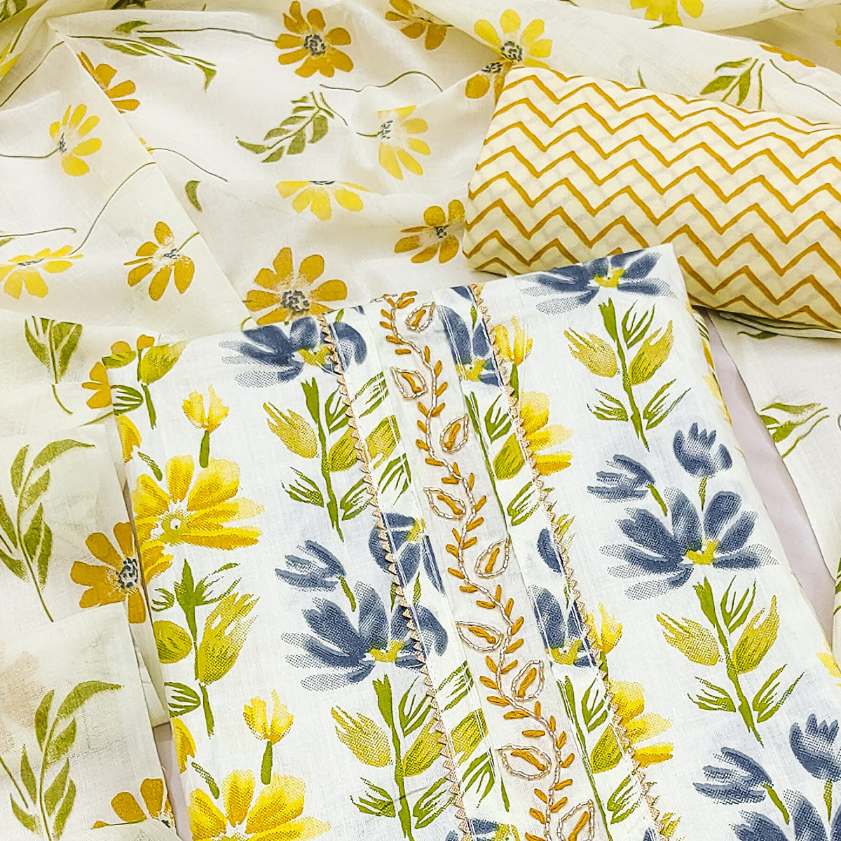 Yellow Floral Printed With Handwork Pure Cotton Dress Material