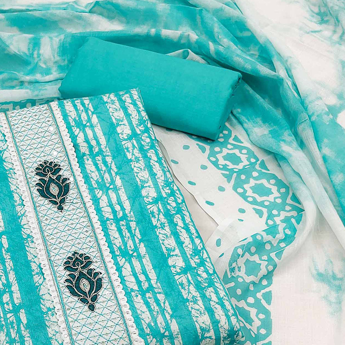 Turquoise Printed Pure Cotton Dress Material
