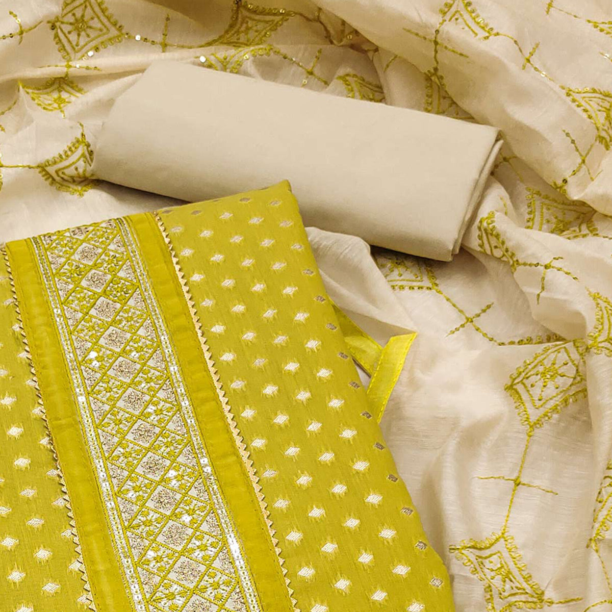 Olive Butti Work Woven Chanderi Silk Dress Material