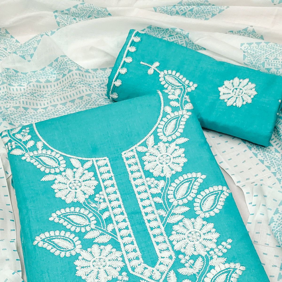 Rama Blue Floral Embroidered Pure Cotton Dress Material