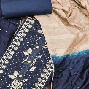 Navy Blue Embroidery With Stonework Cotton Silk Dress Material