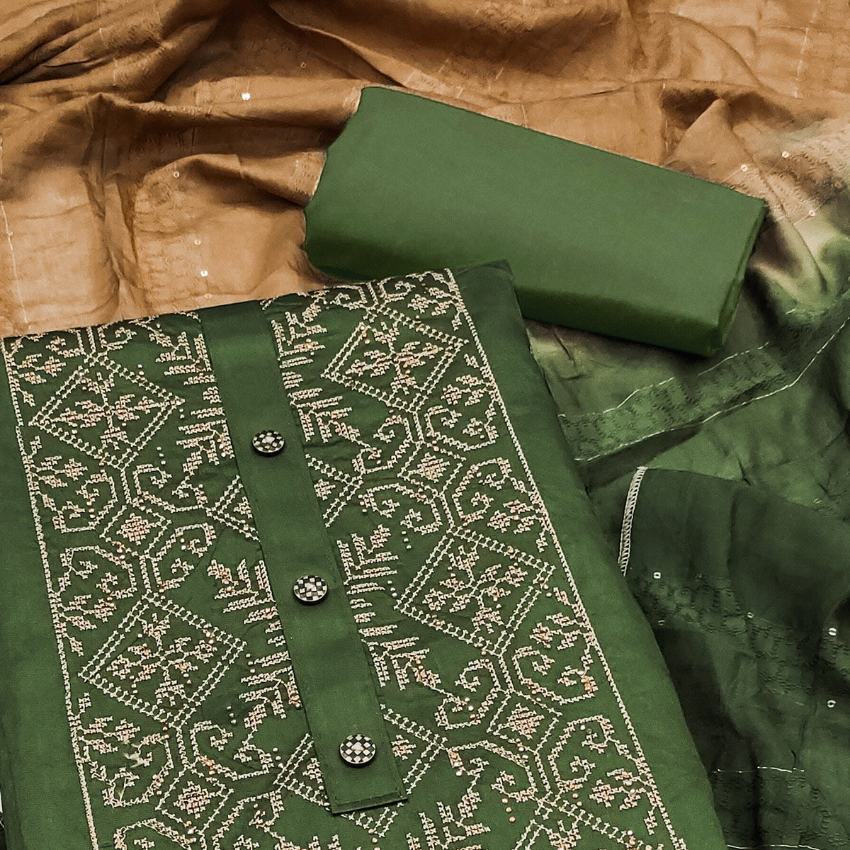 Green Floral Embroidery Cotton Silk Dress Material